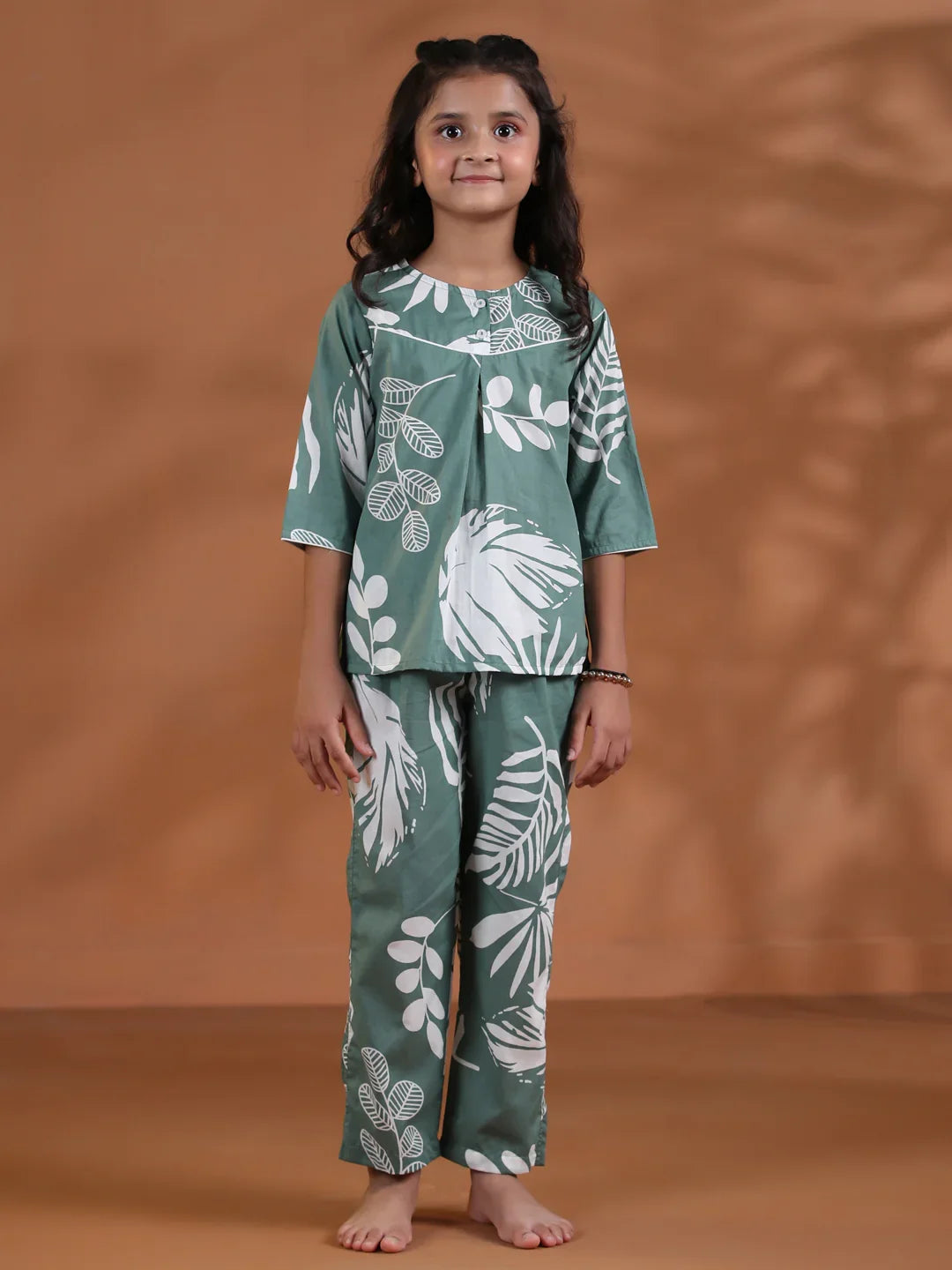 Green Floral Cotton Night Suit for Kids - SanskrutiHomes 