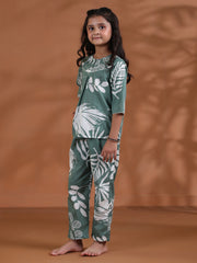 Green Floral Cotton Night Suit For Kids