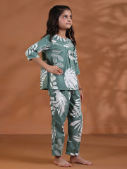 Green Floral Cotton Night Suit For Kids