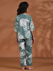 Green Floral Cotton Night Suit For Kids