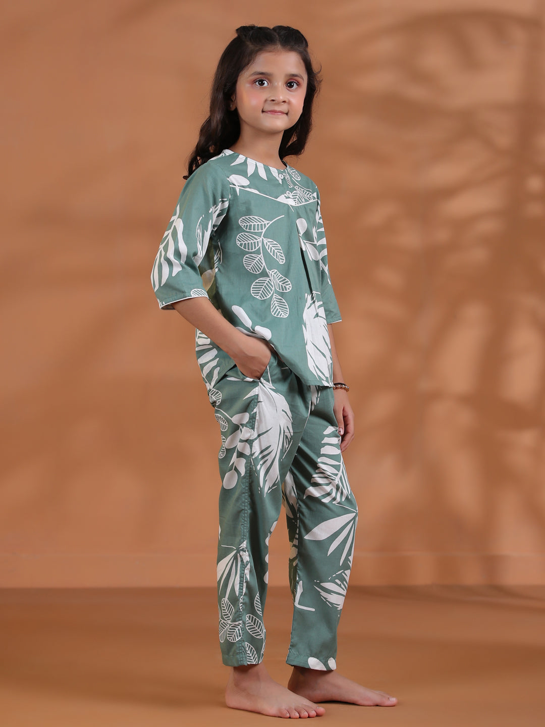 Green Floral Cotton Night Suit for Kids - SanskrutiHomes 