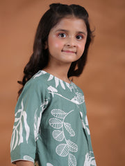 Green Floral Cotton Night Suit For Kids