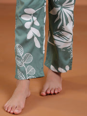 Green Floral Cotton Night Suit For Kids