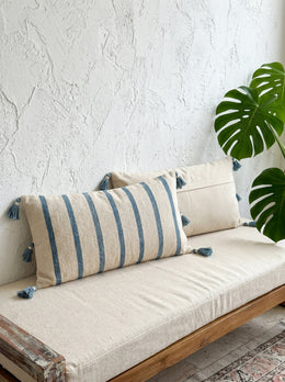 Blue Striped Rectangle Cotton Cushion Cover with Tassel Detailing