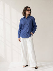 Blue Spread Collar Solid Casual Cotton Shirt For Women