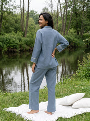 Blue Stripes Shirt Collar Pure Cotton Night Suit Set For Women