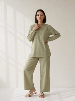 Green Shirt Collar Stripe Print Pure Cotton Night Suit For Women