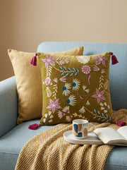 Green Velvet Square Floral Embroidered Cushion Cover With Tassels
