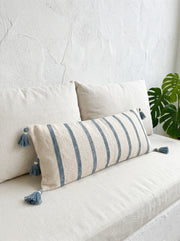 Blue Striped Rectangle Cotton Cushion Cover with Tassel Detailing