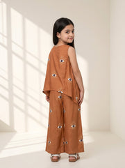 Brown Round Neck Geometric Print Silk Blend Co-Ord Set For Kids