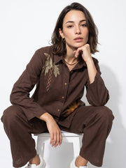 Brown Embroidered Shirt Collar Pure Cotton Co-Ord Set For Women