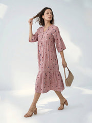 Mauve Round Neck Geometric Print Flared Dress For Women