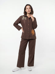 Brown Embroidered Shirt Collar Pure Cotton Co-Ord Set For Women