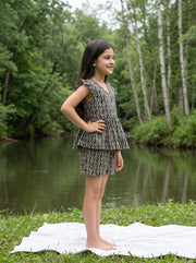 Black Round Neck Geometric Print Pure Cotton Night Suit For Kids