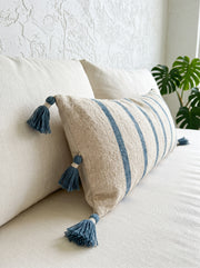 Blue Striped Rectangle Cotton Cushion Cover with Tassel Detailing