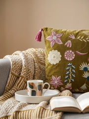 Green Velvet Square Floral Embroidered Cushion Cover With Tassels