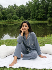 Blue Stripes Shirt Collar Pure Cotton Night Suit Set For Women