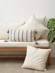 Blue Striped Rectangle Cotton Cushion Cover with Tassel Detailing
