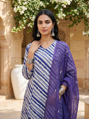 White Leheriya V-Neck Flared Pure Cotton Kurta Set For Women