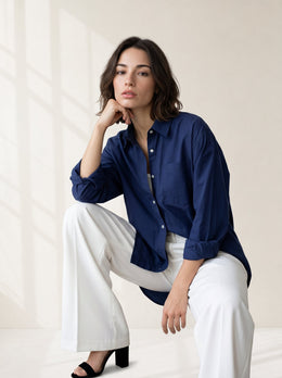 Blue Spread Collar Solid Casual Cotton Shirt For Women
