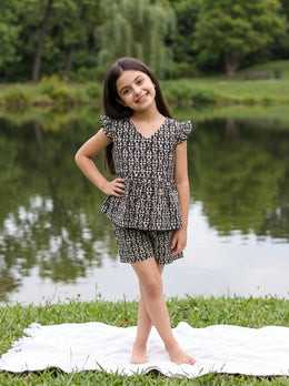 Black Round Neck Geometric Print Pure Cotton Night Suit For Kids