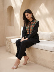 Black Solid Round Neck Pure Cotton Co-Ord Set For Women