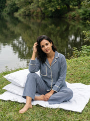 Blue Stripes Shirt Collar Pure Cotton Night Suit Set For Women