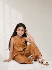 Brown Round Neck Geometric Print Silk Blend Co-Ord Set For Kids