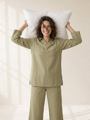 Green Shirt Collar Stripe Print Pure Cotton Night Suit For Women
