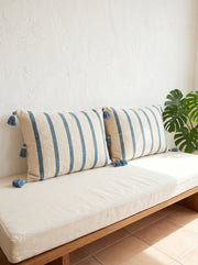 Blue Striped Rectangle Cotton Cushion Cover with Tassel Detailing