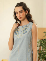 Blue Round Neck Pure Cotton Striped Shirt Co-ords Set for Women - SanskrutiHomes 
