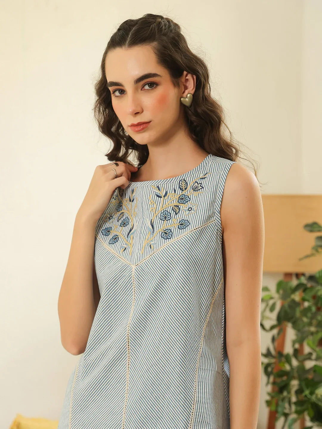 Blue Round Neck Pure Cotton Striped Shirt Co-ords Set for Women - SanskrutiHomes 