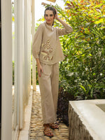 Cream Mandarin Collar Pure Cotton Solid Top Co-ords Set for Women - SanskrutiHomes 