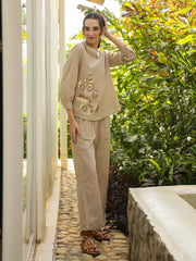 Cream Mandarin Collar Pure Cotton Solid Top Co-ords Set for Women - SanskrutiHomes 