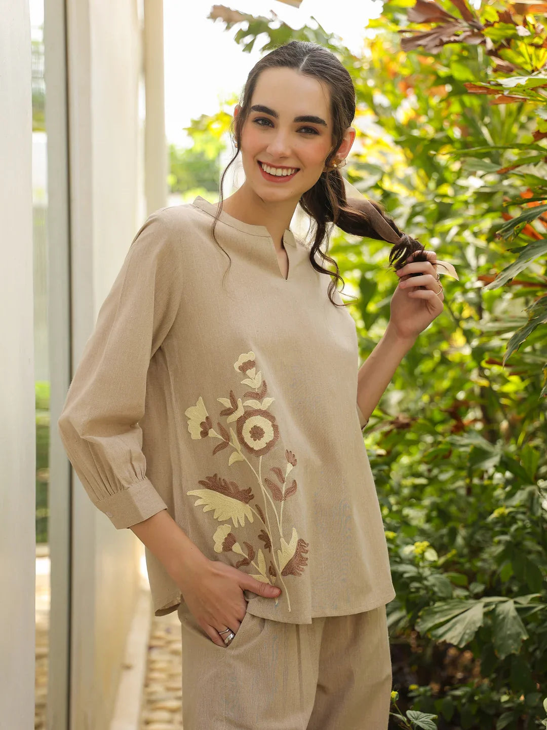 Cream Mandarin Collar Pure Cotton Solid Top Co-ords Set for Women - SanskrutiHomes 