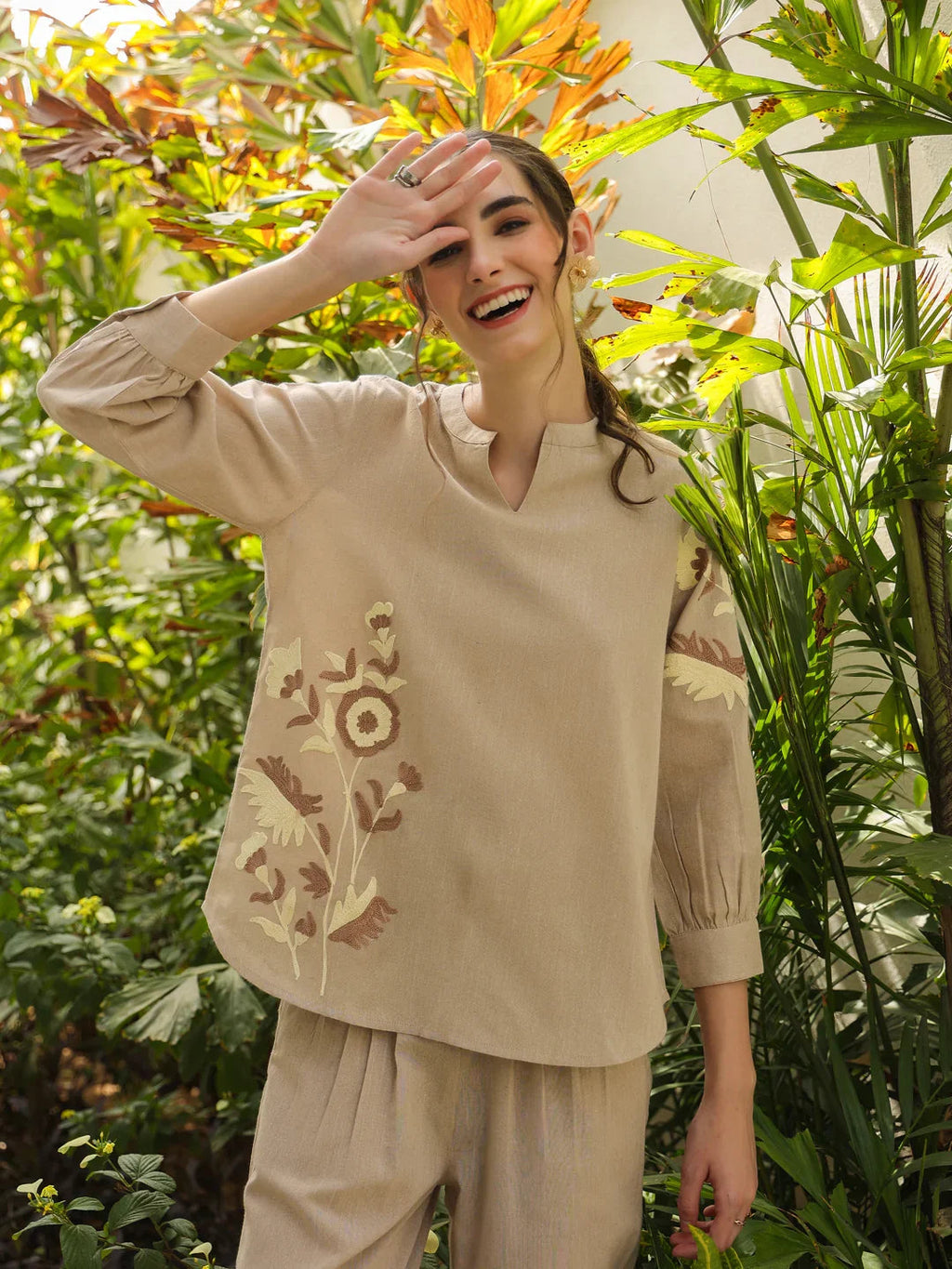 Cream Mandarin Collar Pure Cotton Solid Top Co-ords Set for Women - SanskrutiHomes 