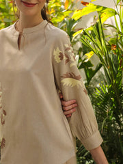 Cream Mandarin Collar Pure Cotton Solid Top Co-ords Set for Women - SanskrutiHomes 
