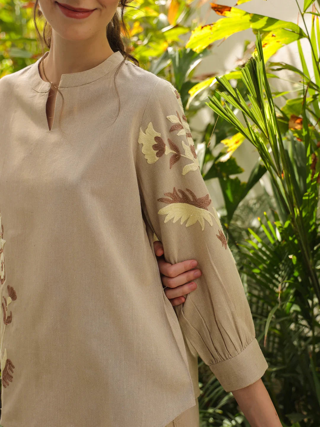 Cream Mandarin Collar Pure Cotton Solid Top Co-ords Set for Women - SanskrutiHomes 