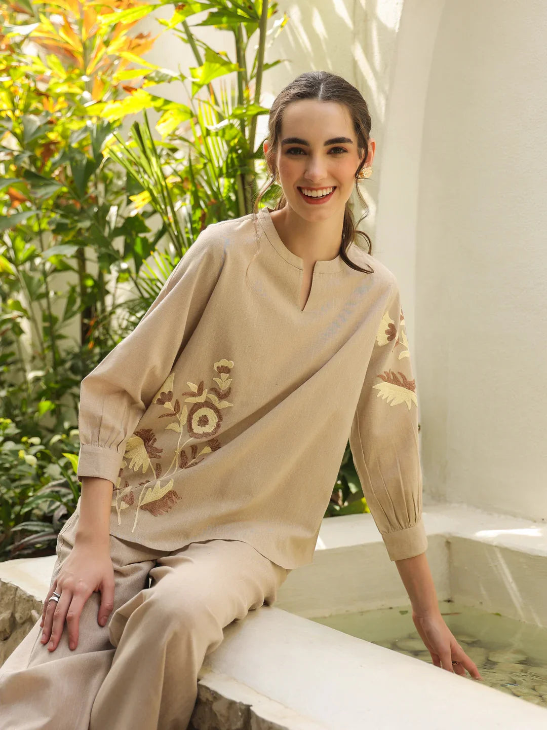 Cream Mandarin Collar Pure Cotton Solid Top Co-ords Set for Women - SanskrutiHomes 