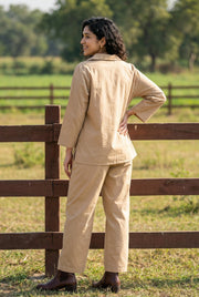 Cream Shirt Collar Polyester Co-Ord Set For Women