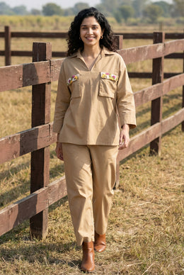 Cream Shirt Collar Polyester Co-Ord Set For Women
