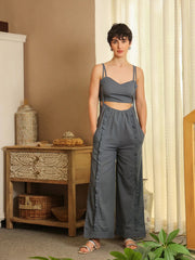 Blue V-Neck Pure Cotton Solid Top Co-ords Set for Women - SanskrutiHomes 