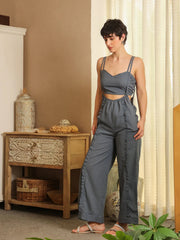 Blue V-Neck Pure Cotton Solid Top Co-ords Set for Women - SanskrutiHomes 