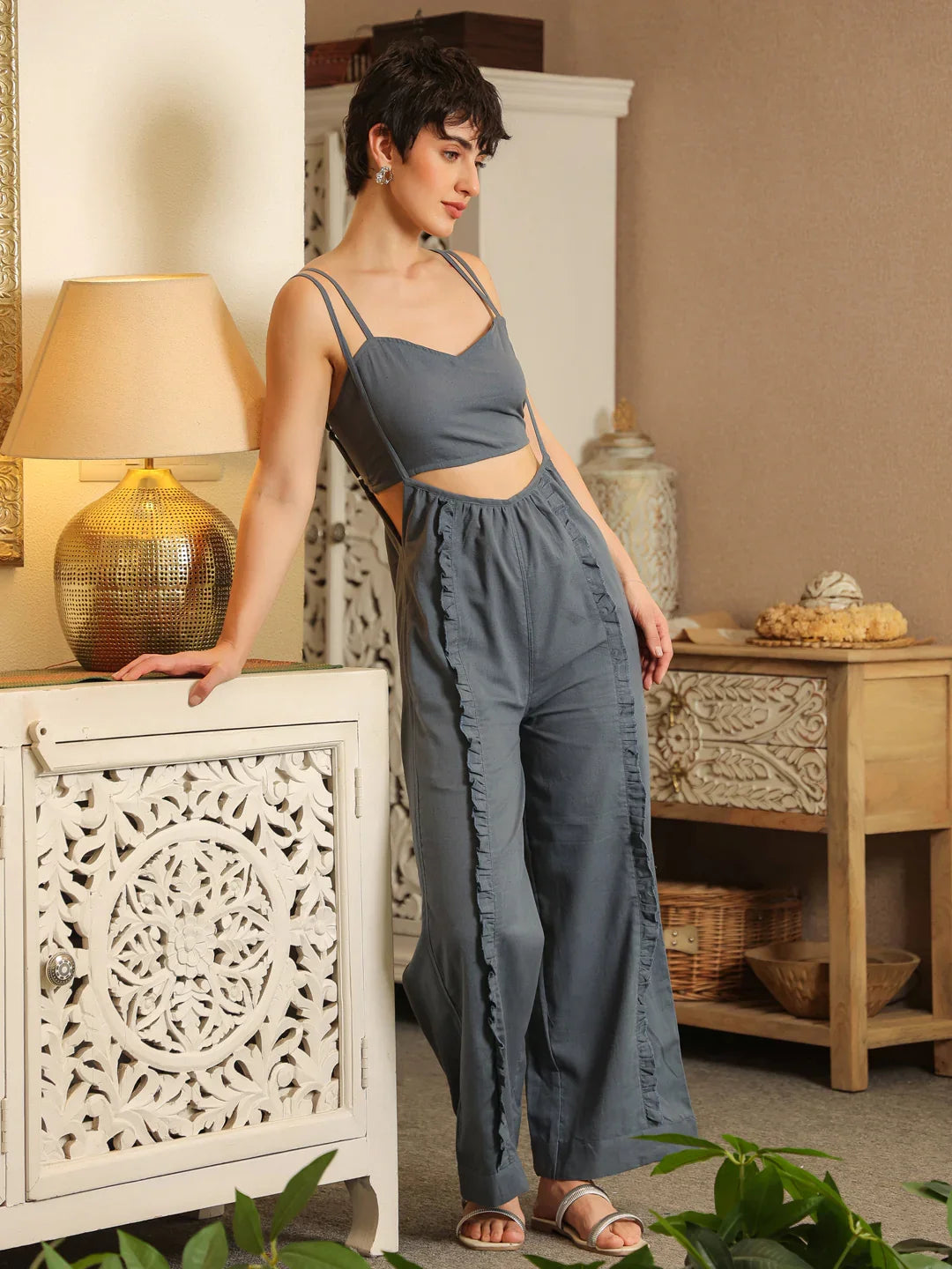 Blue V-Neck Pure Cotton Solid Top Co-ords Set for Women - SanskrutiHomes 
