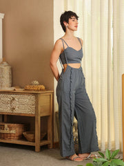 Blue V-Neck Pure Cotton Solid Top Co-ords Set for Women - SanskrutiHomes 