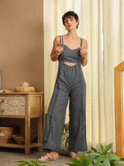 Blue V-Neck Pure Cotton Solid Top Co-ords Set for Women - SanskrutiHomes 