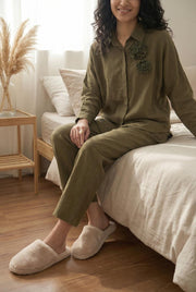 Olive Solid Shirt Collar Pure Cotton Co-Ords Set For Women