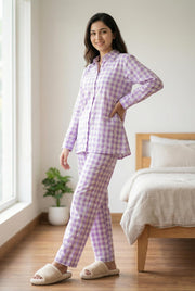 Purple Check Printed Cotton Co-Ords Set For Women