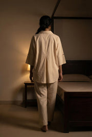 Cream Shirt Collar Embroidered Pure Cotton Co-Ord Set For Women