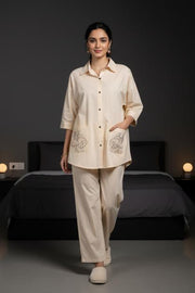 Cream Shirt Collar Embroidered Pure Cotton Co-Ord Set For Women